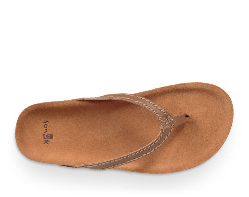 Sanuk She Loungy Leather Women's Flip Flops Brown | Canada 137YXF